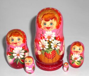 Girl with Strawberry and daisies in pink Babushka Matryoshka nesting Doll  Babooshki Babushkas
