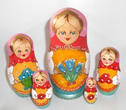 Village girl w/fowers pink scarf blue dress Babushka Matryoshka nesting Doll Babooshki Babushkas