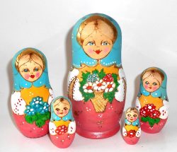 Village girl w/fowers blue scarf red dress Babushka Matryoshka nesting Doll Babooshki Babushkas
