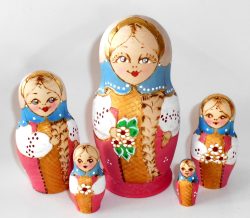 Village girl w/plait white/blue scarf Babushka Matryoshka nesting Doll Babooshki Babushkas