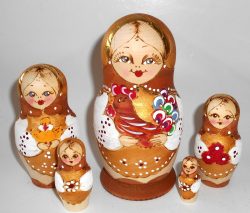 Village girl w/rooster golden scarf Babushka Matryoshka nesting Doll Babooshki Babushkas