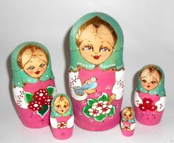 Village girl w/flowers green scarf Babushka Matryoshka nesting Doll Babooshki Babushkas