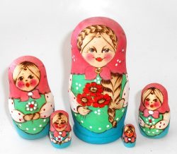 Village girl with plait and red flowers pink scarf Babushka Matryoshka nesting Doll Babooshki Babushkas