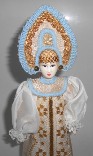 Girl in traditional russian white & gold bridal dress large - 4