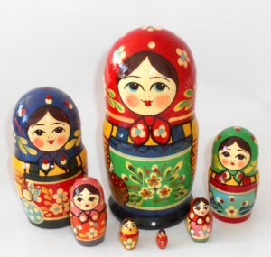 Village red scarf green apron 7-set large Babushka Matryoshka nesting Doll Babooshki Babushkas Classic Village Traditional