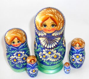Susie Girl in blue & cyan outfit large 5-set Babushka Matryoshka nesting Doll Babooshki Babushkas Classic Village Traditional