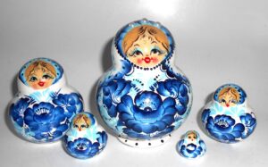 Girl in white & blue floral dress fatty Babushka Matryoshka nesting Doll Babooshki Babushkas