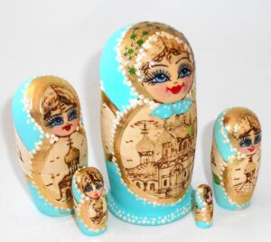 Churches cyan scarf small nesting Doll Babooshki s