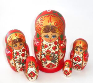 Rooster / Chicken Girl in red & golden dress Babushka Matryoshka nesting Doll Babooshki Babushkas