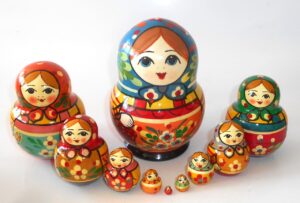 Village girl blue scarf red dress 10-set Babushka Matryoshka nesting Doll Babooshki Babushkas Classic Village Traditional