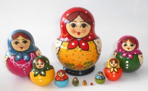 Village girl red scarf yellow apron 10-set Babushka Matryoshka nesting Doll Babooshki Babushkas Classic Village Traditional