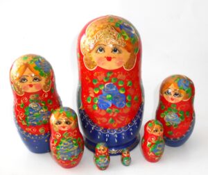Girl in red & blue dress 7-set Babushka Matryoshka nesting Doll Babooshki Babushkas