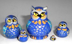 MINI Funny Owl in blue 5-set Babushka TINY Babushka Matryoshka nesting Doll Babooshki Babushkas