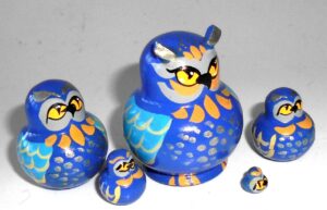 MINI Funny Owl in blue 5-set TINY nesting Doll Babooshki s