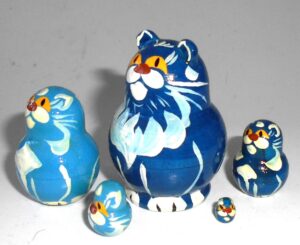 MINI Funny Cat in blue 5-set Babushka TINY Babushka Matryoshka nesting Doll Babooshki Babushkas