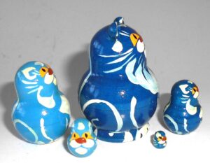 MINI Funny Cat in blue 5-set TINY nesting Doll Babooshki s