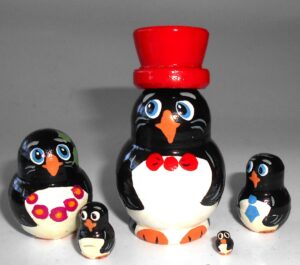 MINI Funny Penguin in red hat 5-set Babushka TINY Babushka Matryoshka nesting Doll Babooshki Babushkas