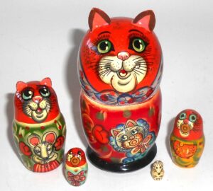 Funny red Cat in scarf with kitten small Babushka Matryoshka nesting Doll Babooshki Babushkas