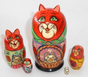 Funny red Cat green scarf with kitten small Babushka Matryoshka nesting Doll Babooshki Babushkas