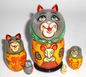 Funny greay Cat green scarf with mouse small Babushka Matryoshka nesting Doll Babooshki Babushkas