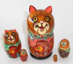 Funny brown Cat with gold fish small Babushka Matryoshka nesting Doll Babooshki Babushkas