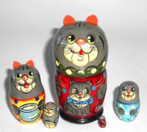 Funny grey Cat dark green scarf small Babushka Matryoshka nesting Doll Babooshki Babushkas