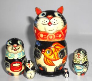 Funny black Cat with gold fish small nesting Doll Babooshki s