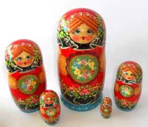 Clara with floral tray black scarf large 5-set Babushka Matryoshka nesting Doll Babooshki Babushkas Classic Village Traditional