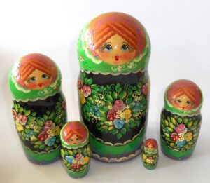 Clara in floral apron green scarf large 5-set Babushka Matryoshka nesting Doll Babooshki Babushkas Classic Village Traditional