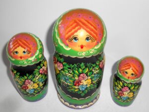 Clara in floral apron green scarf large 5-set nesting Doll Babooshki s Classic Village Traditional