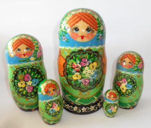 Clara with floral tray blue scarf large 5-set Babushka Matryoshka nesting Doll Babooshki Babushkas Classic Village Traditional