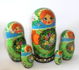 Clara with floral tray blue scarf large 5-set nesting Doll Babooshki s Classic Village Traditional