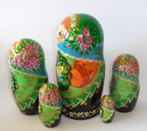 Clara with floral tray blue scarf large 5-set nesting Doll Babooshki s Classic Village Traditional