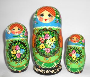 Clara with floral tray blue scarf large 5-set nesting Doll Babooshki s Classic Village Traditional