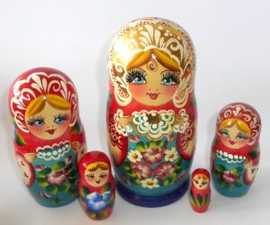 Zina in red scarf blue dress 5-set Babushka Matryoshka nesting Doll Babooshki Babushkas Classic Village Traditional