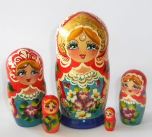 Zina in red scarf blue dress 5-set 15cm Babushka Matryoshka nesting Doll Babooshki Babushkas Classic Village Traditional