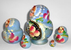 Katya in blue & metallic blue nesting Doll Babooshki s