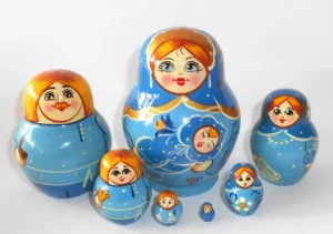 Village Family in blue 7-set Babushka Matryoshka nesting Doll Babooshki Babushkas Classic Village Traditional