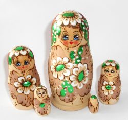 Kira white and green flowers brown scarf small Babushka Matryoshka nesting Doll Babooshki Babushkas
