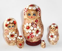 Kira white and red flowers brown dress small Babushka Matryoshka nesting Doll Babooshki Babushkas