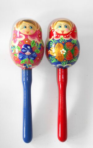 Set of 2 Rattles - Shakers pink & red scarfs Babushka Matryoshka nesting Doll Babooshki Babushkas