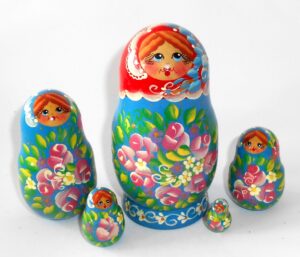 Anya in blue dress red scarf 5-set Babushka Matryoshka nesting Doll  Babooshki Babushkas