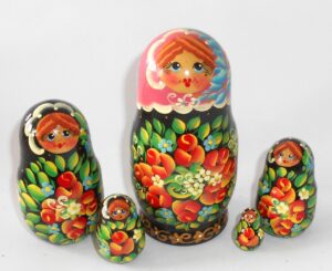 Anya in black dress pink scarf 5-set Babushka Matryoshka nesting Doll  Babooshki Babushkas