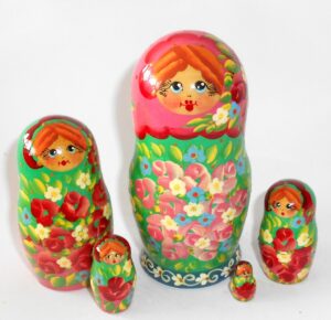 Anya in green dress pink scarf 5-set Babushka Matryoshka nesting Doll  Babooshki Babushkas