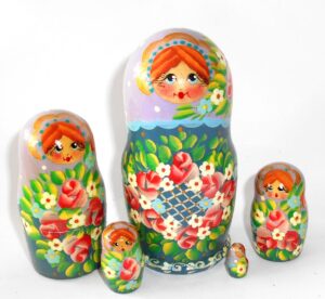 Anya in dark cyan dress purple scarf 5-set Babushka Matryoshka nesting Doll  Babooshki Babushkas