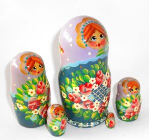 Anya in dark cyan dress purple scarf 5-set nesting Doll Babooshki s