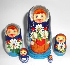Galya in dark blue scarf blue dress 5-set Babushka Matryoshka nesting Doll Babooshki Babushkas