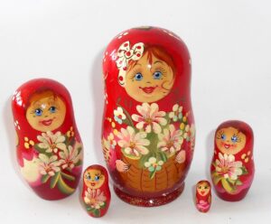 Galya in red scarf crimson dress 5-set Babushka Matryoshka nesting Doll Babooshki Babushkas