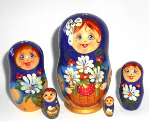 Galya in dark blue scarf golden dress 5-set Babushka Matryoshka nesting Doll Babooshki Babushkas