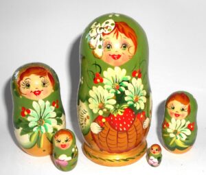 Galya in green scarf golden dress 5-set Babushka Matryoshka nesting Doll Babooshki Babushkas